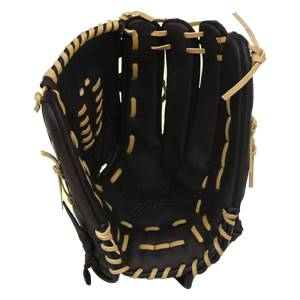 Top-down view of a black baseball glove with tan lacing and Mizuno branding.