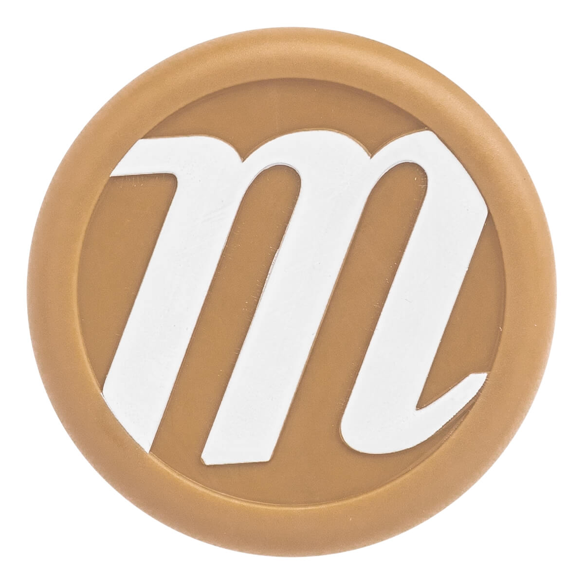 End view of a tan baseball bat with a white m logo.