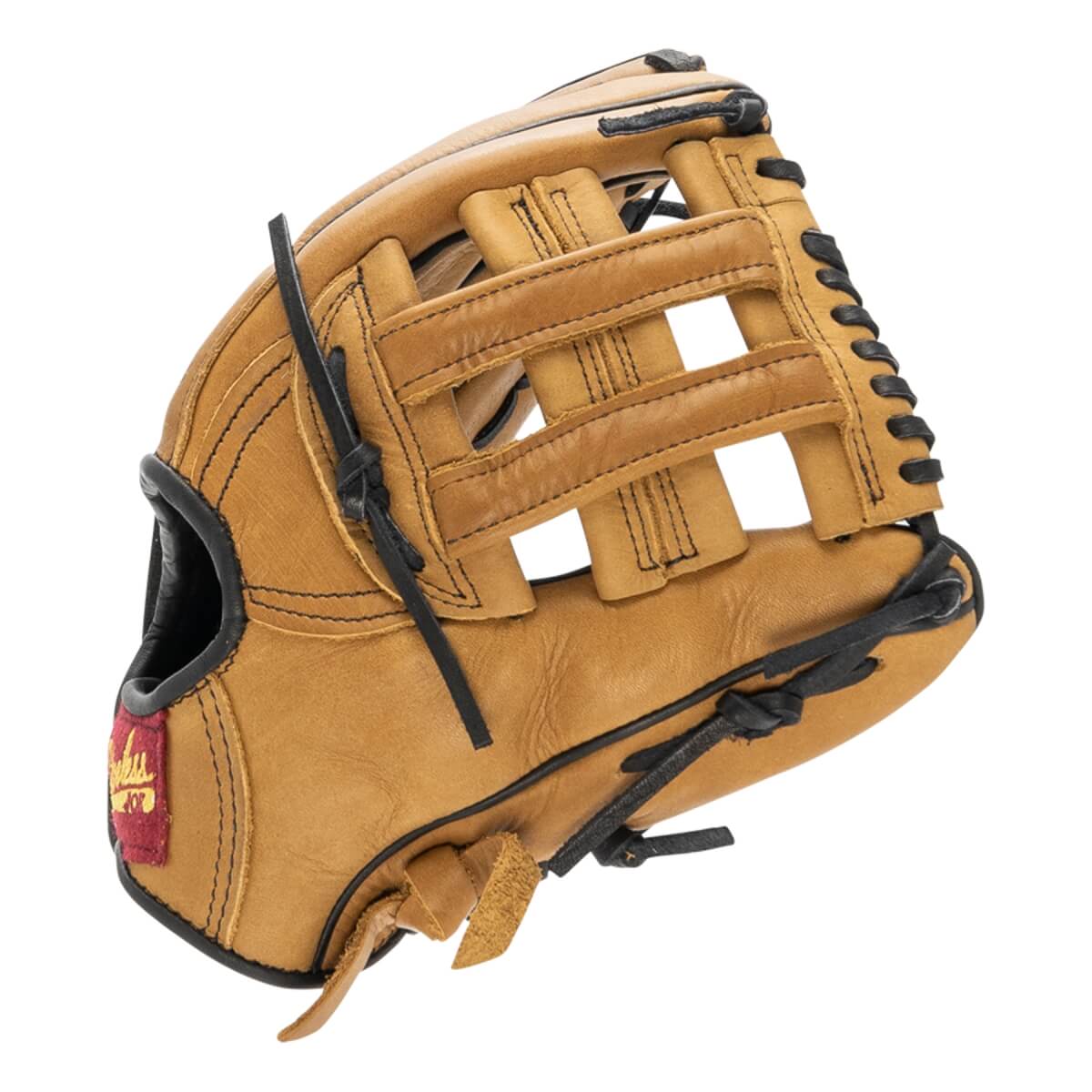 Angled front view of a tan baseball glove with an open H-web design, black lacing, and a red wrist tag.