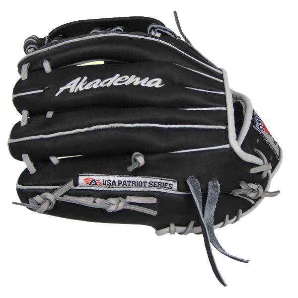 Side view of a black baseball glove with white stitching, Akadema logo, and USA PATRIOT SERIES label.