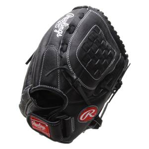 Three-quarter view of a black Rawlings fastpitch glove with white stitching and a red R logo.