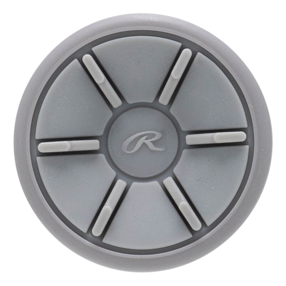 Top-down view of a gray bat end cap with a segmented design, central Rawlings R logo, and light gray inserts.