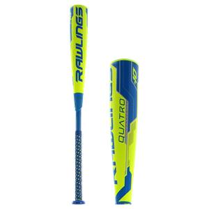 Side view of a yellow and blue baseball bat with RAWLINGS and QUATRO text.