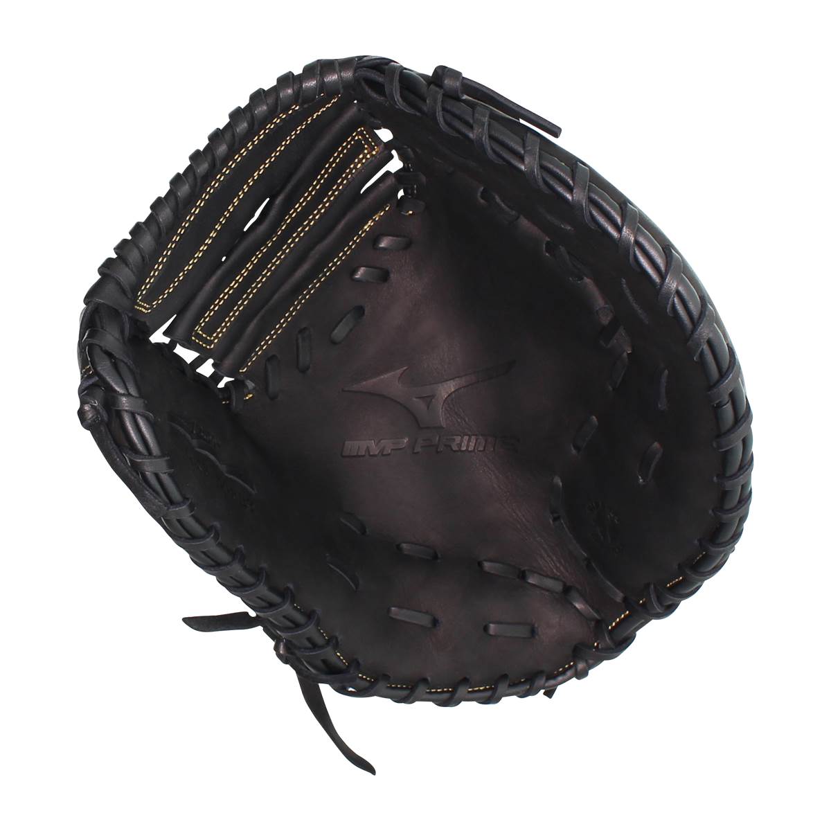 Top-down view of a black baseball first base mitt with Mizuno logo and MVP Prime branding.