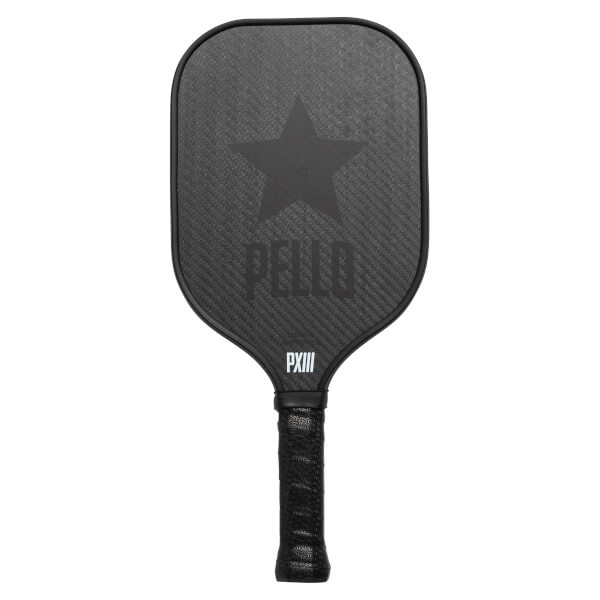 Front view of a black pickleball paddle with a star, PELLO, and PXIII branding.