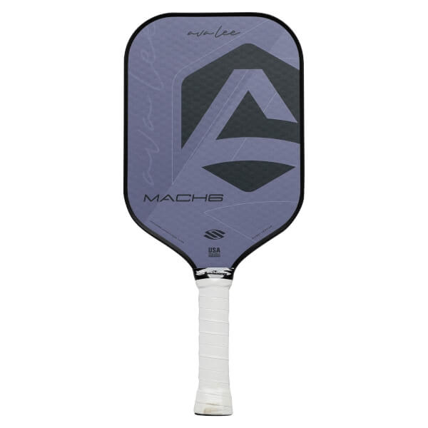 Front view of a purple pickleball paddle with ava lee and MACH6 text and a large grey geometric design.