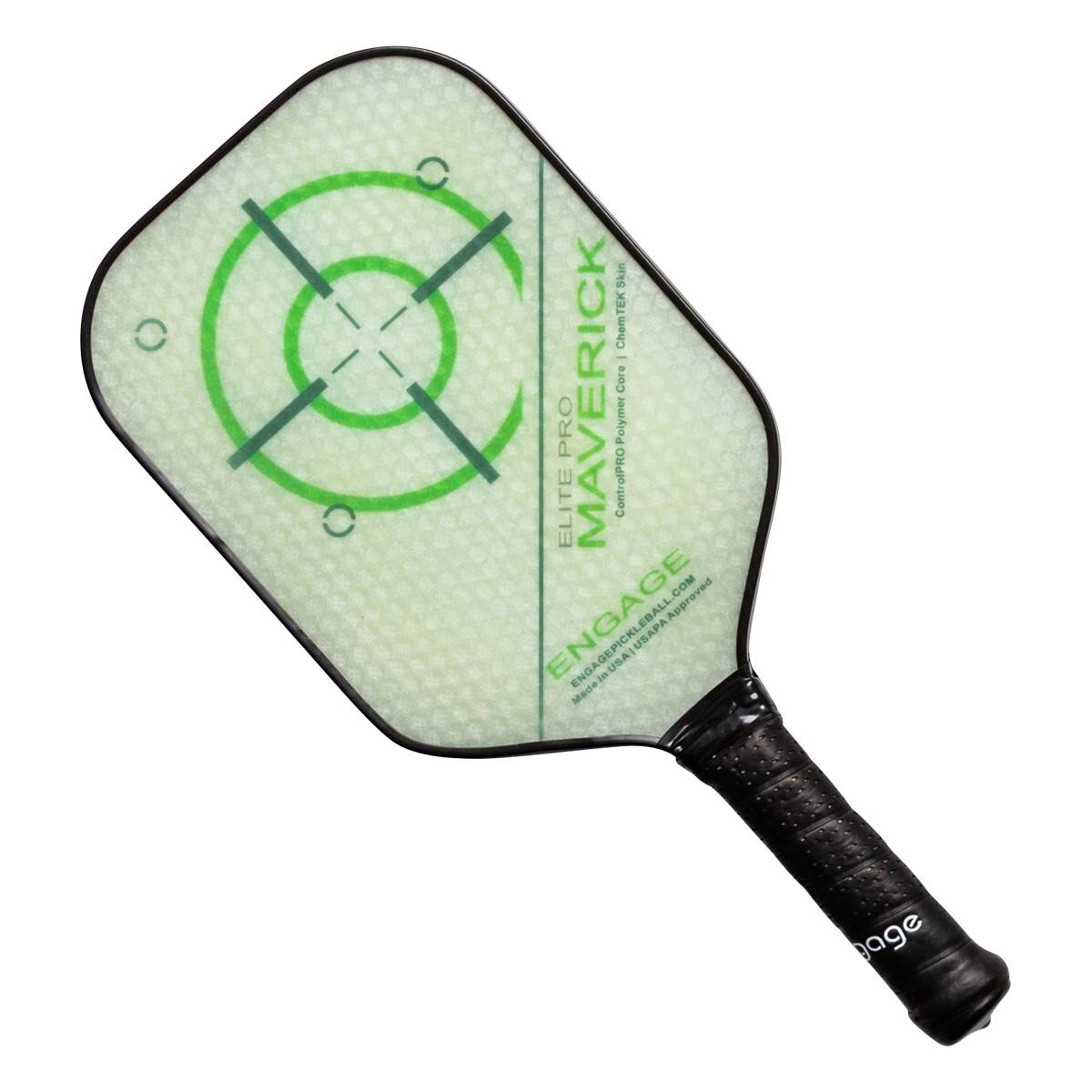 Top-down view of a light green pickleball paddle with a green target graphic and MAVERICK text.