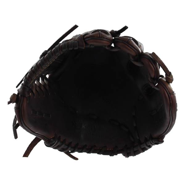 Top-down view of a dark brown baseball glove with a deep pocket and lacing detail.