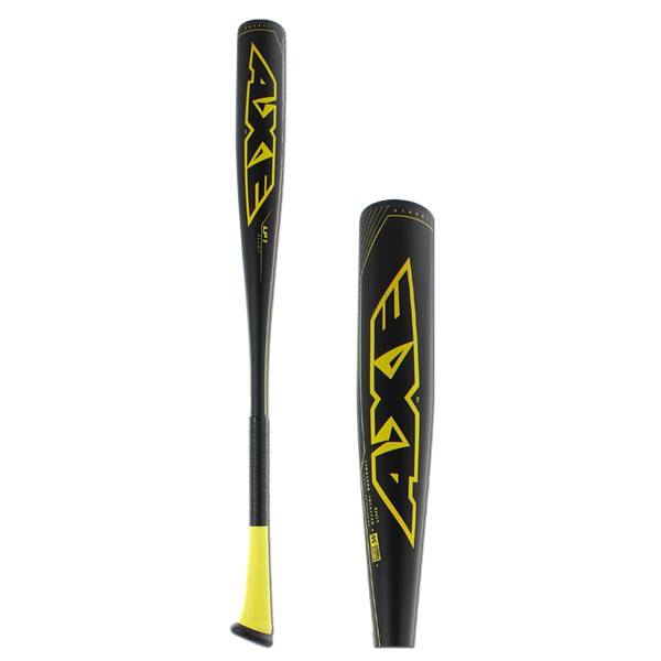 Front view of a black baseball bat with yellow AXE branding and a yellow grip.