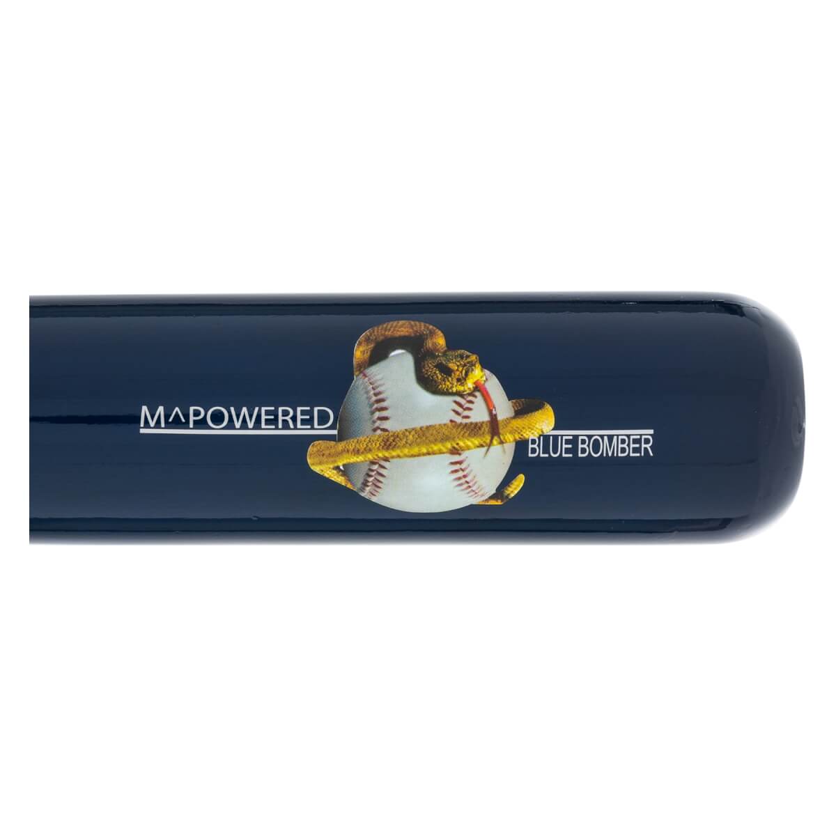 Side view of a blue baseball bat with MAPOWERED and BLUE BOMBER text and a snake coiled around a baseball graphic.
