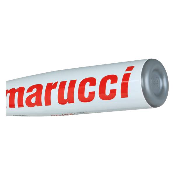 Side view of a white baseball bat with red marucci text and a silver end cap.