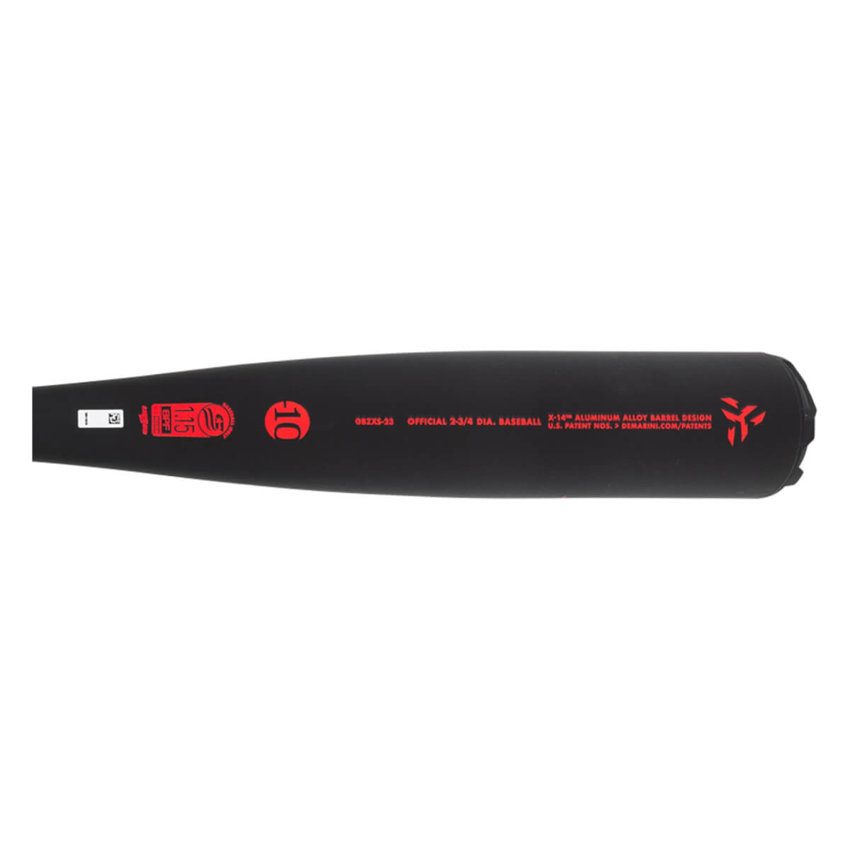 Side view of a black baseball bat with red branding, a 10 graphic, and OFFICIAL 2-5/8 DIA. BASEBALL text.