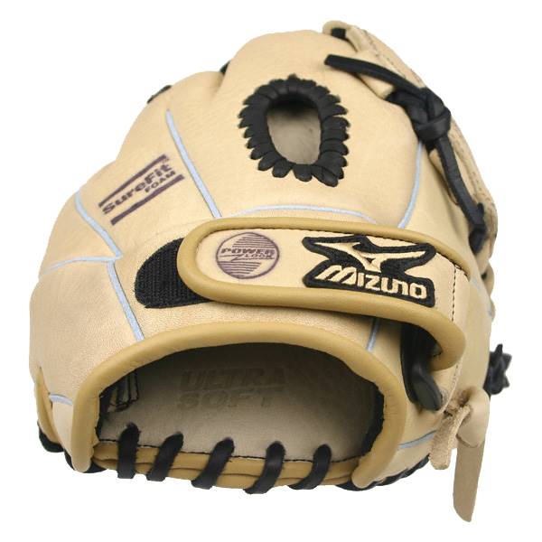 Front view of a tan Mizuno fastpitch mitt with SureFit Foam and Ultra Soft text.