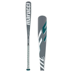 Side view of a gray baseball bat with white marucci text and teal F5 graphic.
