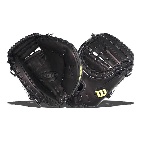 Front view of black baseball catchers mitts with white stitching and a yellow Wilson W logo.