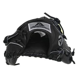 Top-down view of a black baseball glove with white stitching and an A logo.
