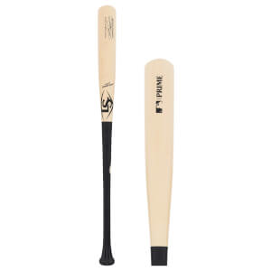 Full view of bat and close-up of barrel of a light wood and black baseball bat with LS logo, PRIME, and MLB logos.