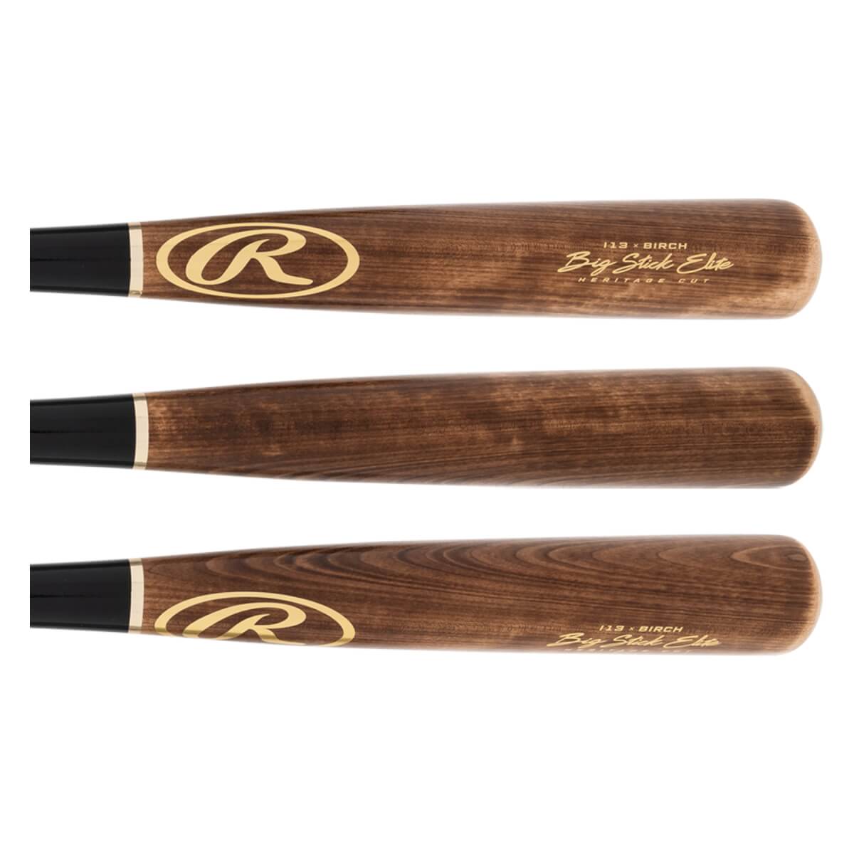 Side view of three brown Rawlings Big Stick Elite birch baseball bats with gold logos and text.