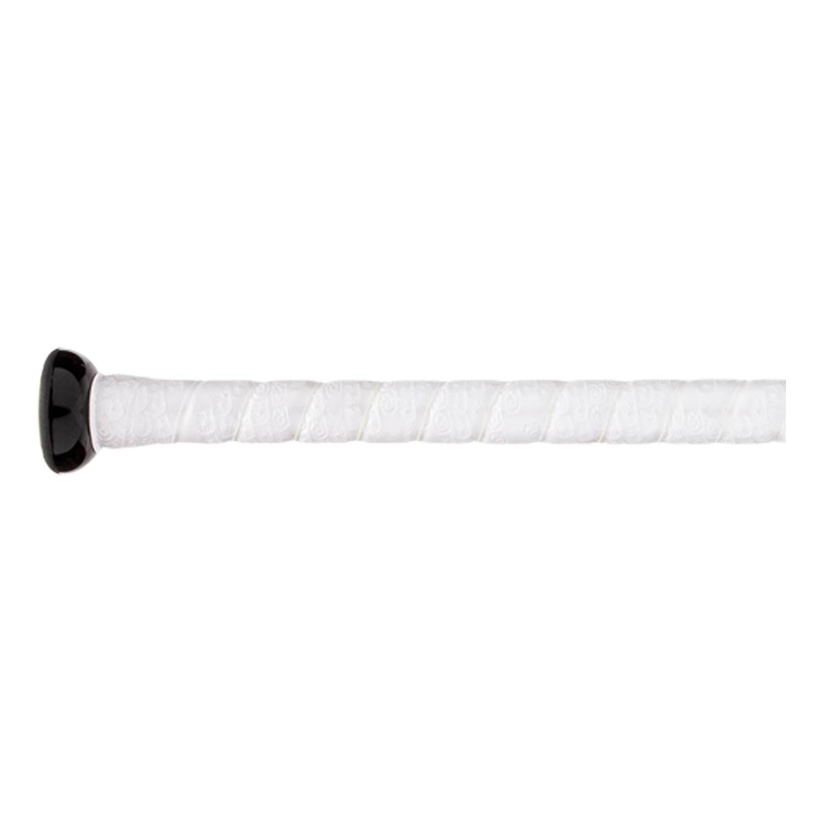 Side view of a black baseball bat with a white textured grip.