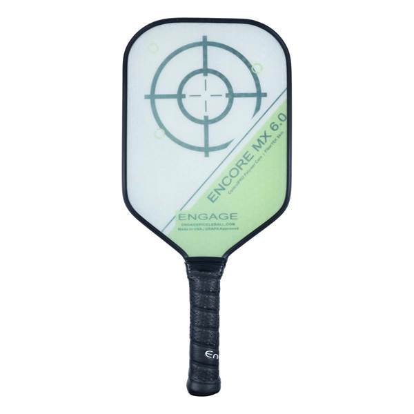 Front view of a white pickleball paddle with a target design, ENCORE MX 6.0, and ENGAGE branding.
