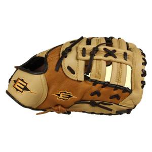 Side view of a tan and brown baseball glove with E logos and tan lacing.