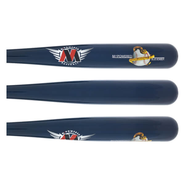 Top view of a blue baseball bat with M logo and baseball graphic.