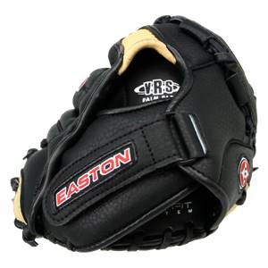 Close-up of a black Easton baseball glove with red lettering and a tan interior.
