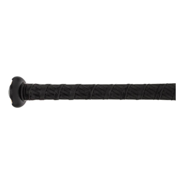 Side view of a black baseball bat with a textured grip and black end cap.