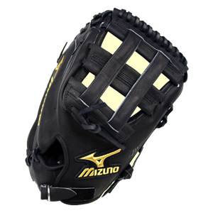 Top-down view of a black Mizuno first base mitt with a tan web and gold Mizuno logo.