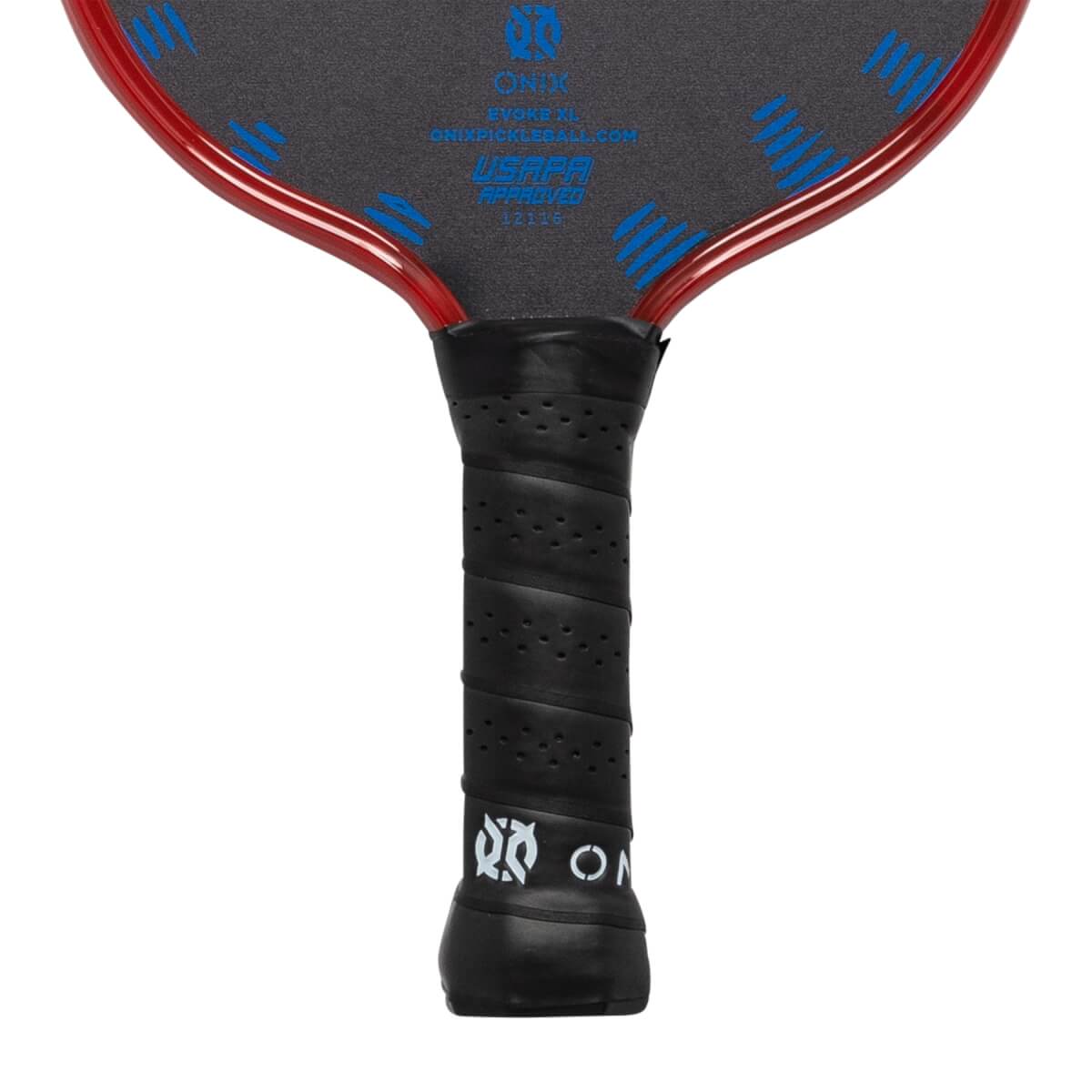 Close-up of a black pickleball paddle grip with perforations and white ONIX logo.