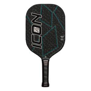 Front view of a black pickleball paddle with large white ICON text and teal geometric accents.