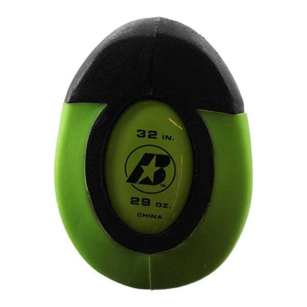 End cap view of a black and green baseball bat with 32 IN., 29 OZ., and CHINA text.