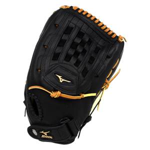 Top-down view of a black baseball glove with tan lacing and a Mizuno logo.