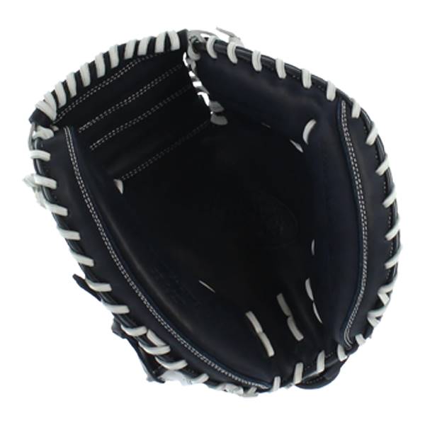 Top-down view of a navy blue baseball glove with white lacing and a deep pocket.