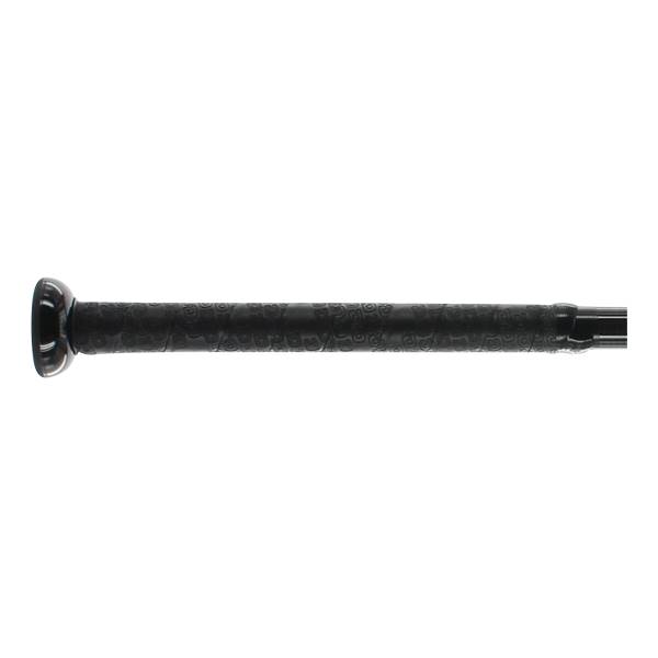Side view of a black baseball bat with a textured grip and black end cap.