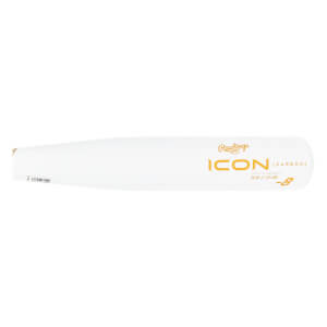 Side view of a white baseball bat with Rawlings ICON and -8 in gold lettering on the barrel.