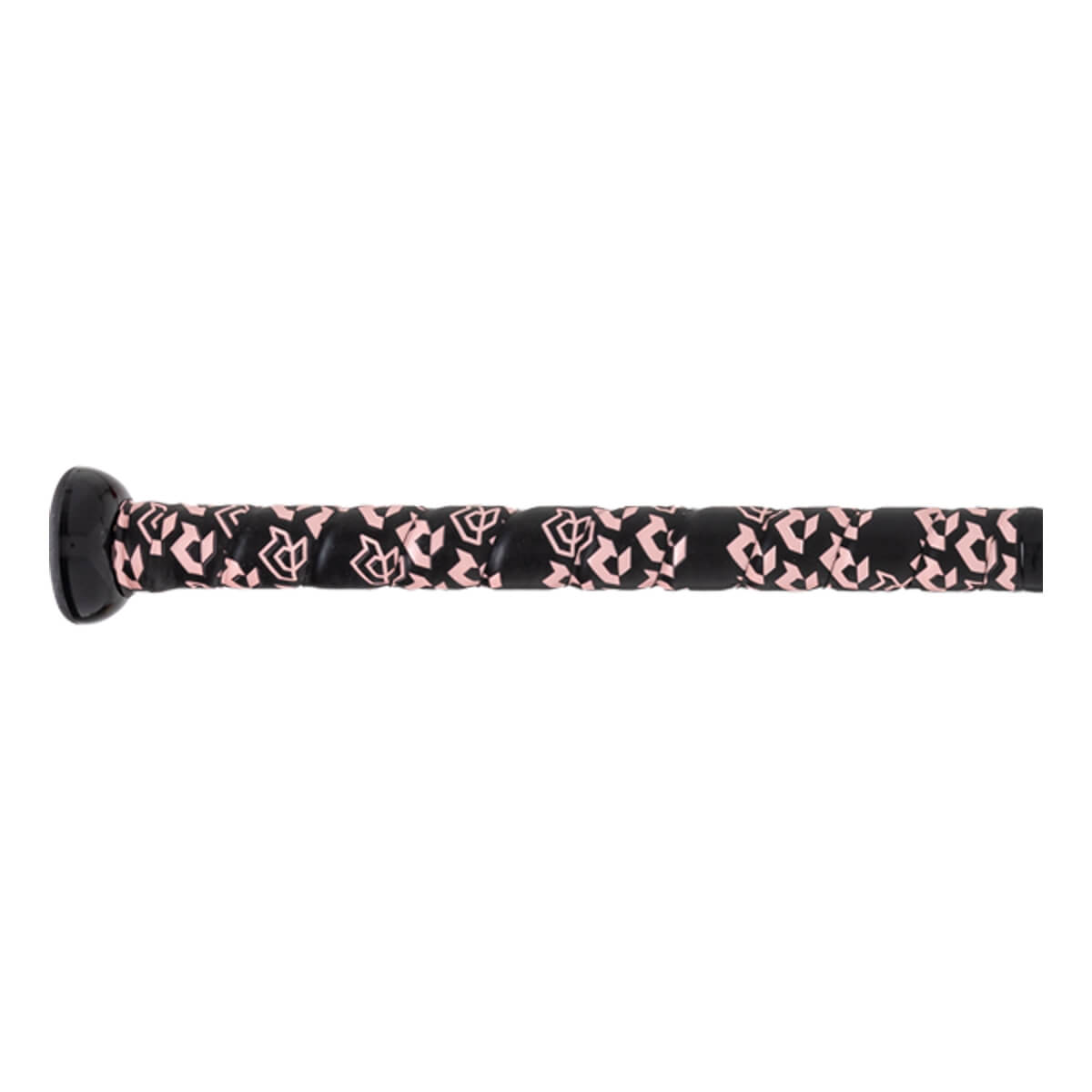 Close-up side view of a black fastpitch softball bat grip with a repeating pink D pattern and a black knob.