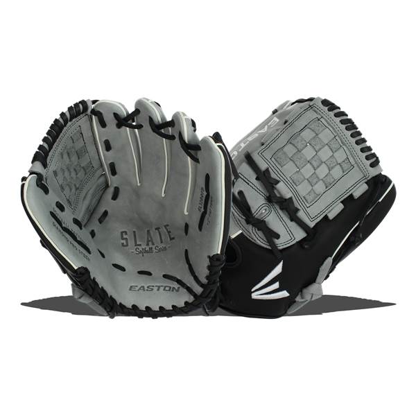 Front view of a gray Easton Slate softball glove with black accents and white stitching.