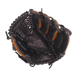 Top-down view of a black baseball glove with tan accents and white stitching.