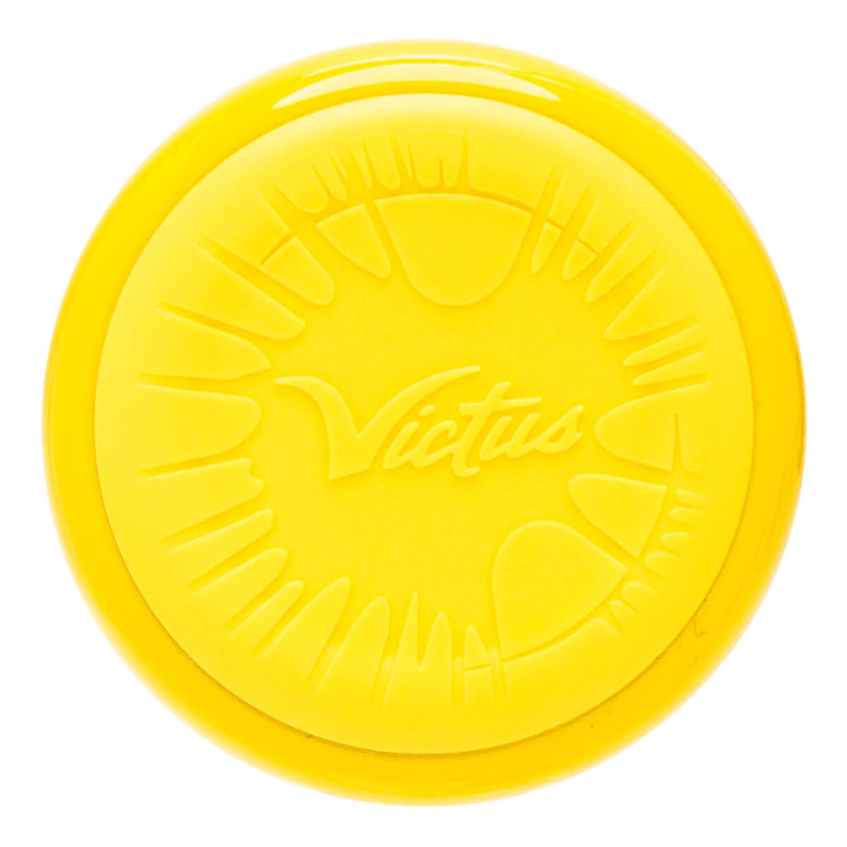 Top-down view of a yellow baseball bat end cap with embossed Victus logo and radial lines.