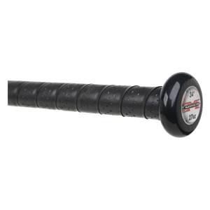 Close-up of a black softball bat grip with Miken branding, 34 and 27oz labels.
