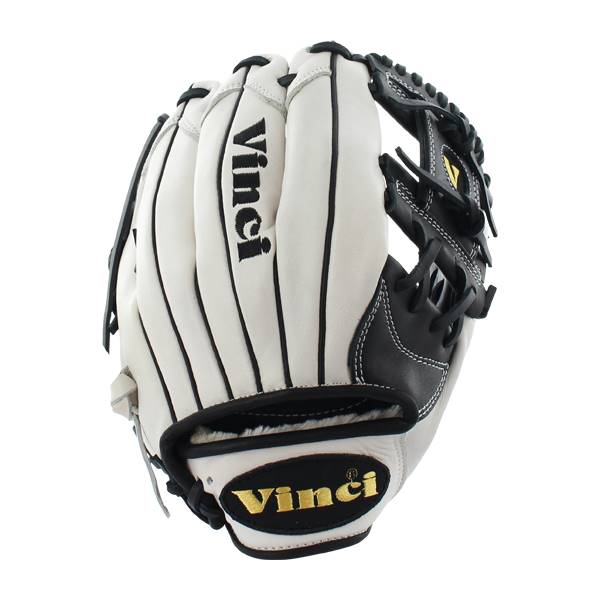 Front view of a white and black baseball glove with Vinci text and gold embroidered logo.