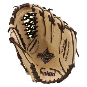Top-down view of a tan baseball glove with dark brown lacing, Franklin logo, and Professional Series text.