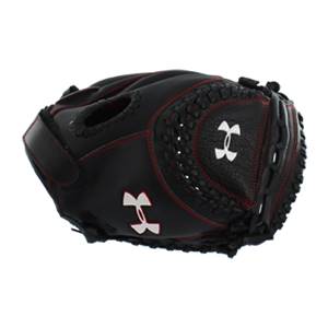 Side view of a black softball catchers mitt with red stitching and white Under Armour logos.