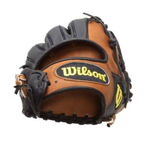 Front view of a brown and black baseball glove with a Wilson logo and yellow accents.
