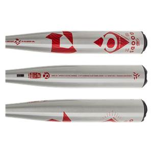 Top-down view of a silver baseball bat with red DeMarini logos and The Goods text.