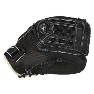 Side view of a black baseball glove with white stitching and a woven pocket.