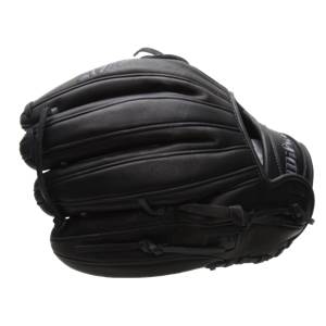 Side view of a black baseball glove with Wilson branding on the wrist strap.