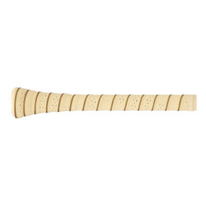 Close-up of the tan baseball bat grip with diagonal brown stripes and perforated texture.