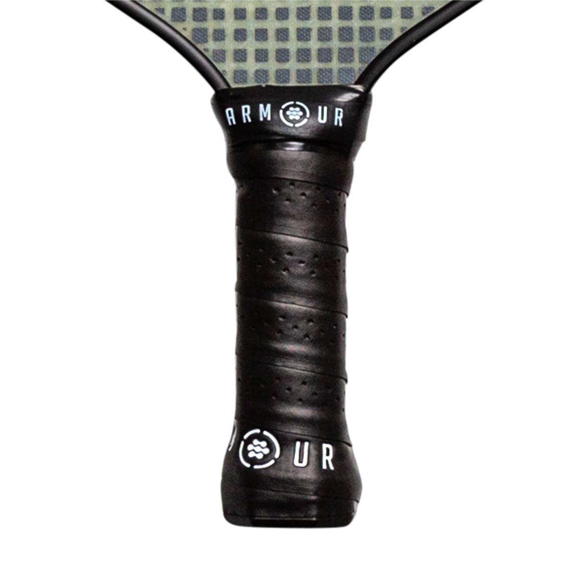 Close-up of a black pickleball paddle grip with Armour branding and a textured surface.